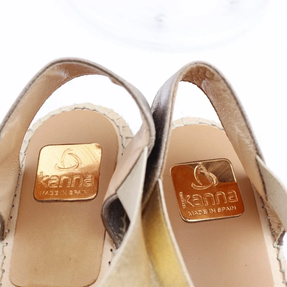Kanna Womens Espadrille Sandals Size 11 Gold Leather Elastic Slingback Shoe Flat